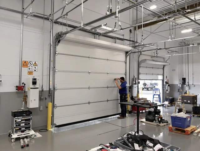 Commercial garage door repair being performed by Whitehall Garage Door Repair expert in Whitehall