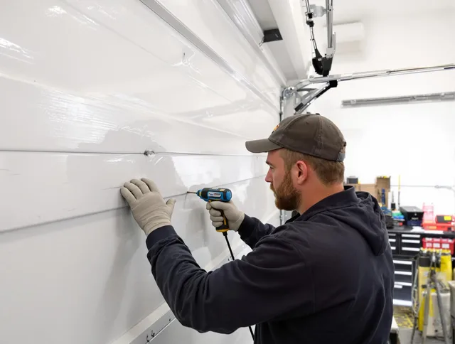 Whitehall Garage Door Repair technician demonstrating precision dent removal techniques on a Whitehall garage door