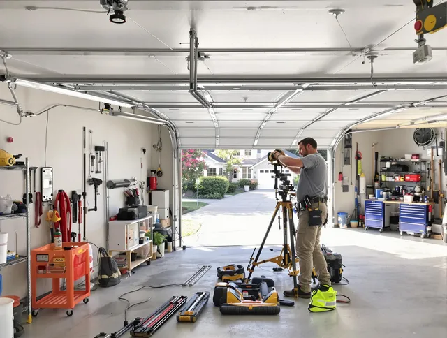 Whitehall Garage Door Repair specialist performing laser-guided track alignment in Whitehall